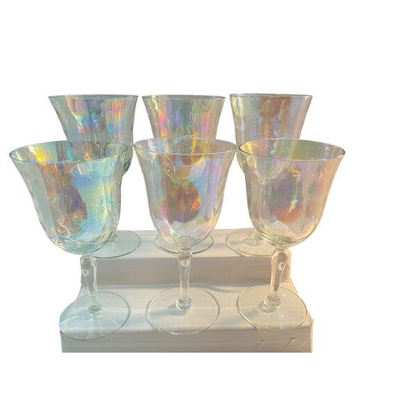 6 Fostoria Crystal Pearl Shell Iridescent Wine Glasses Loop Optics - Picture 9 of 15